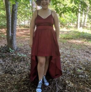 Red formal dress, high low